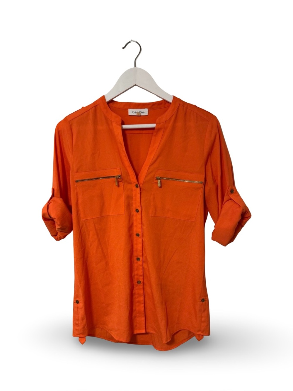 Calvin Klein Bright Orange Button-Front Roll-Sleeve Blouse
